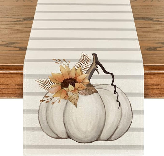 Artoid Mode Stripes Pumpkin Sunflower Leaves Fall Table Runner, Seasonal Autumn Kitchen Dining Table Decoration for Outdoor Home Party 13x72 Inch