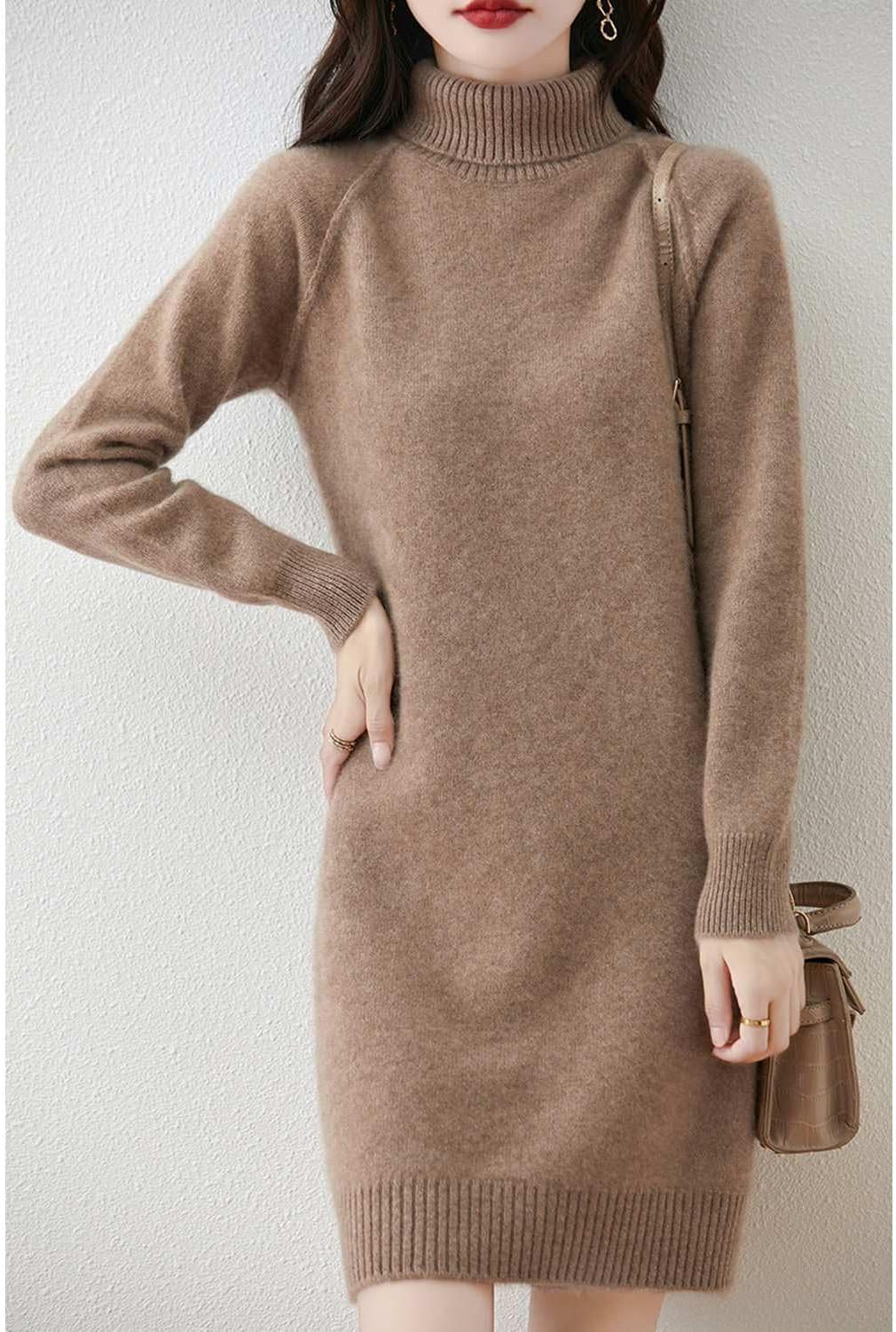 Thick Sweater Dress Women's Turtleneck Raglan Sleeve Merino Wool Pullover Autumn Winter Knitted Long Tops