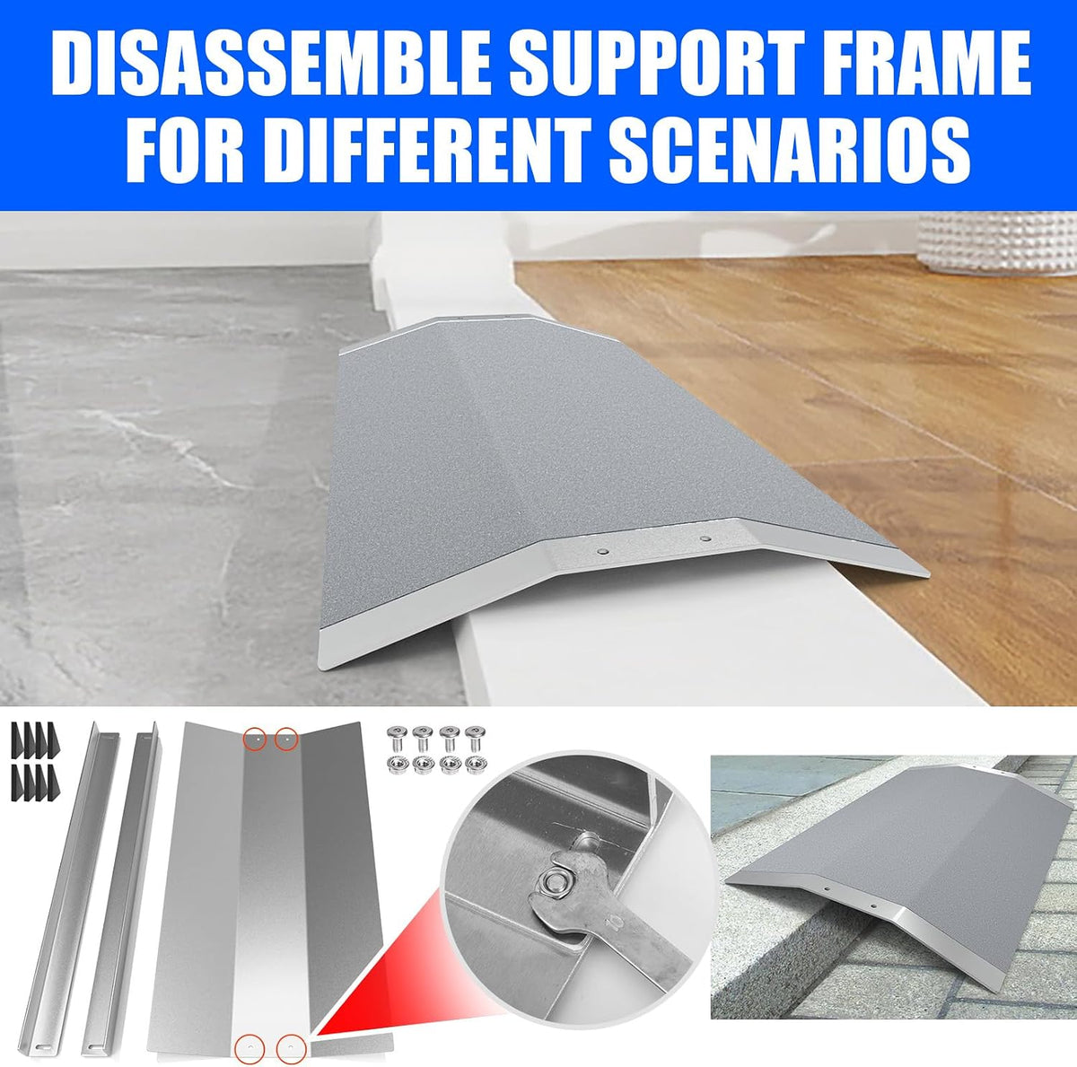 28.5" L×1.2" H Bridge Threshold Ramps for Doorways, Fits 3.5–6" Wide Thresholds with Adjustable Support Bars, Non-Slip Aluminum Wheelchair Ramps for Home Steps