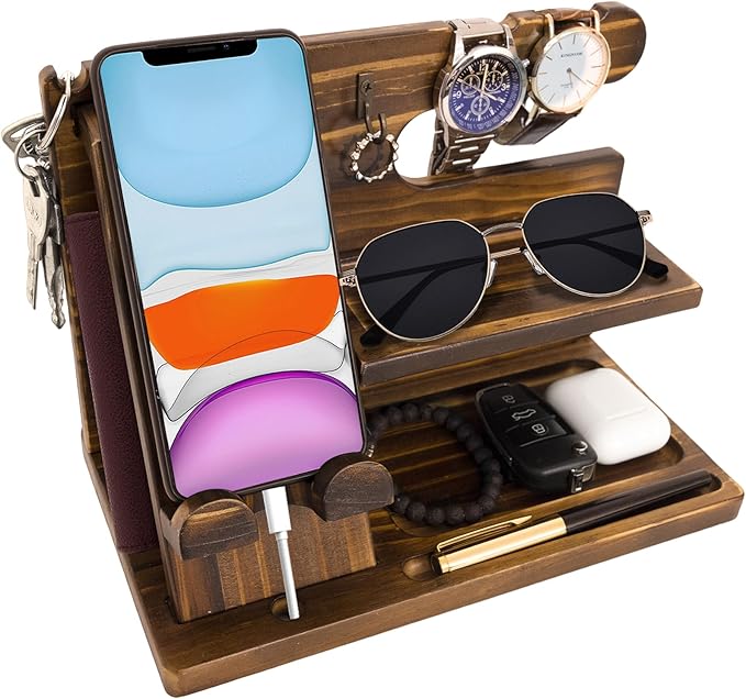 Wooden Phone Stand Holder Docking Station, Gifts for Men, Men Charging Station, Bed Nightstand Organizer Gifts for BirthdayFestival Idea for Desk Stand (Carbonize)