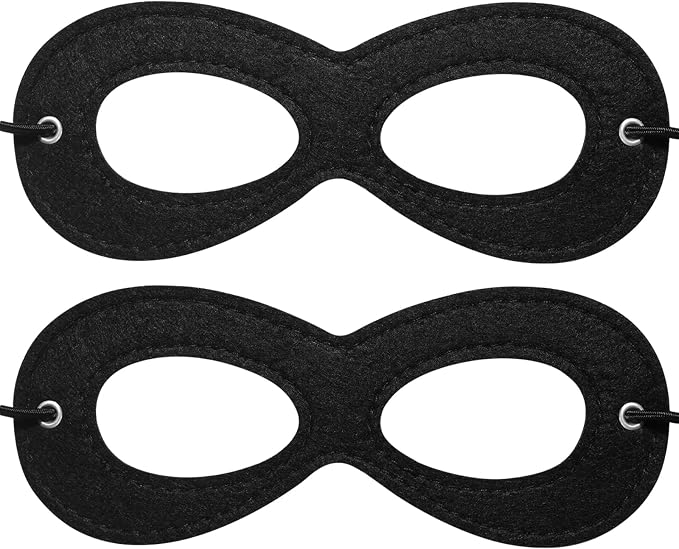 Superhero Black Eye Masks - Felt Halloween Dress Up Masks, Adjustable Black Masks with Elastic Rope - Great Party Cosplay Accessory - for Superhero Bandit Thief Adult Kids (2 Pcs)