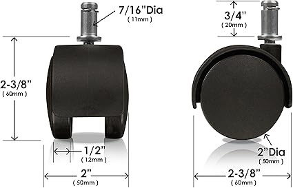 Slipstick CB682 2 Inch Replacement Office Chair Wheels (Set of 5 Casters) Universal Standard Size Stem 716 Inch x 78 Inch - Black Plastic