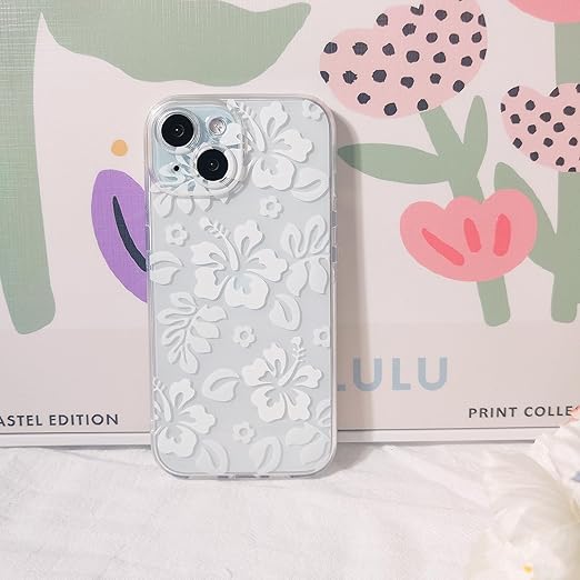 Compatible for iPhone 15 Case Cute Clear Hibiscus Flower Floral Aesthetic Printed Design for Girls Women Soft TPU Shockproof Protective Girly for iPhone 15-White