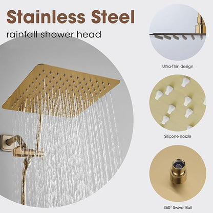 10 Inch (25CM) Square Rainfall Shower Head, 304 Stainless Steel, Ultra Thin Pressure Boosting High Pressure Rain Bathroom Rainfall Showerhead Wallceiling Installation,Matte Brushed Gold