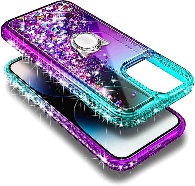 Designed for iPhone 15 Pro Max Case with Tempered Glass Screen Protector/Camera Lens Protector/Wrist Strap Lanyard/Ring Holder, Glitter Floating Liquid Girls Women Cute Case (Aqua/Purple)