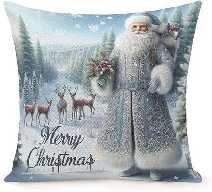 Throw Pillow Cover 20x20 Inch,Santa Blue and Silver with Forest with Deer Merry Christmas Throw Pillow Case,Home Decor Cushion Covers for Sofa Living Room Couch Bed