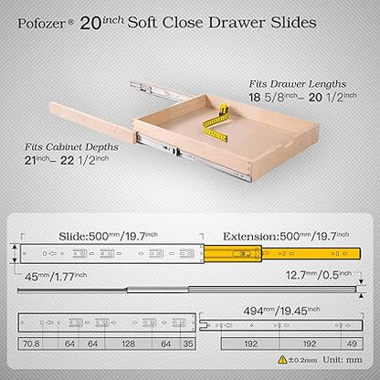 Drawer Slides, Heavy Duty, Ball Bearing, Full Extension (Soft-Close, 2 Pairs, 20 Inch)