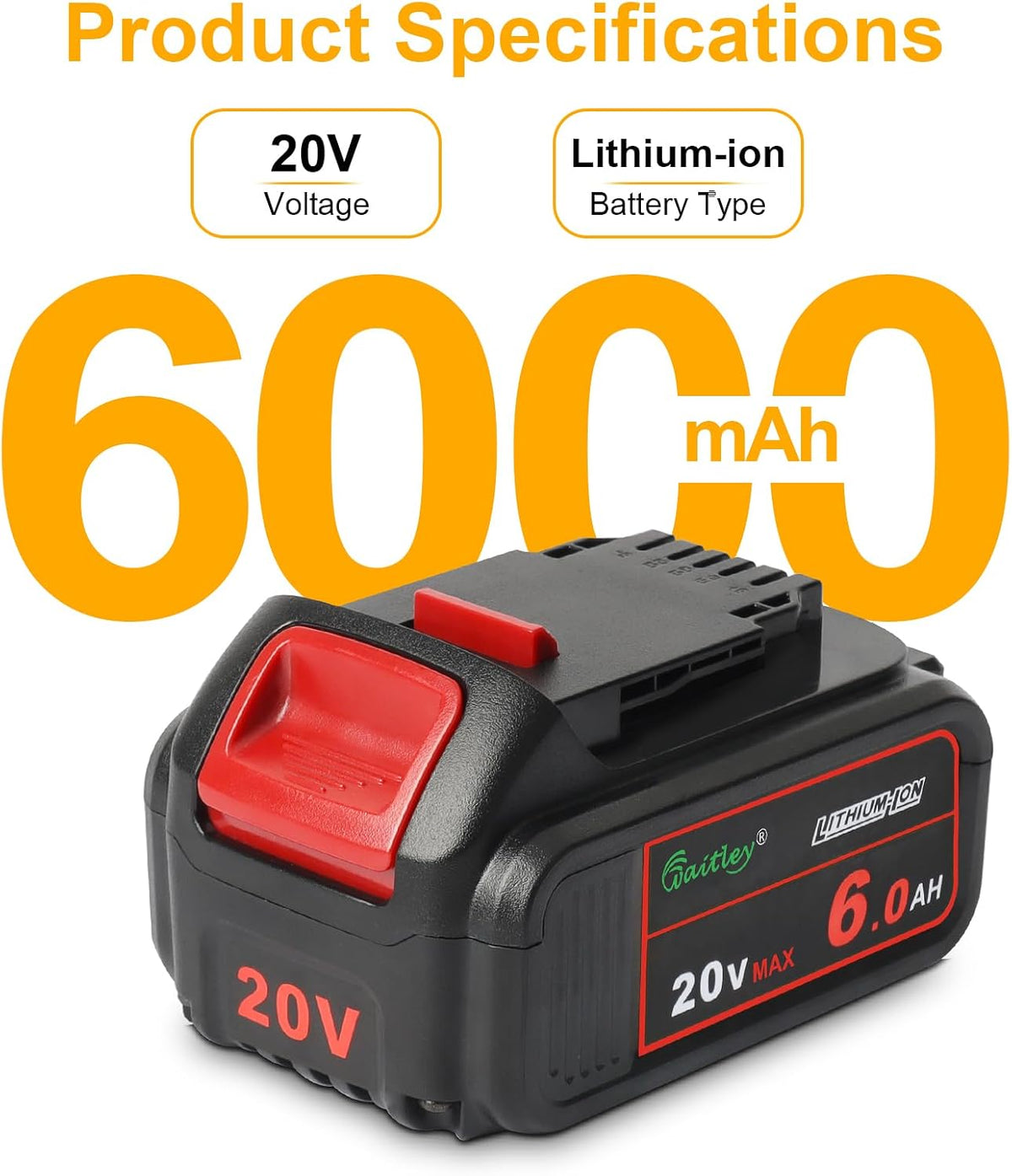 waitley 2Pack 20V 6.0A Replacement Battery Compatible with Dewalt DCB200 DCD DCF DCG Series Cordless Power Tools (Not Made in Dewalt)