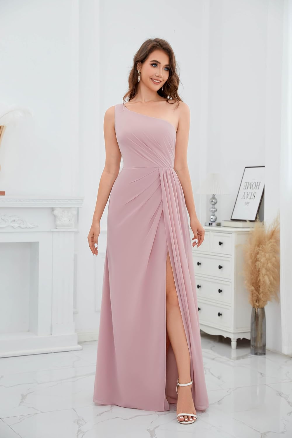 Bolodoo One Shoulder Bridesmaid Dresses for Women Ruched Chiffon A Line Evening Formal Gown with Slit .
