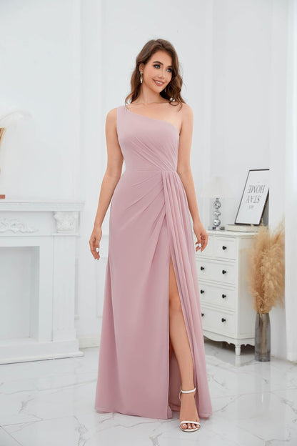 Bolodoo One Shoulder Bridesmaid Dresses for Women Ruched Chiffon A Line Evening Formal Gown with Slit .