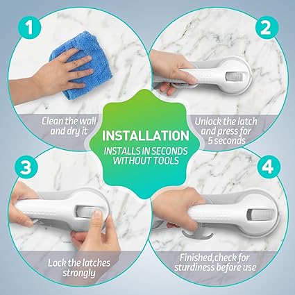 2-Pack Shower Handle Safety Grab Bars with 3 Suction Cups for Bathtubs and Showers - Bathroom Rails Aid for Seniors, Elderly, Handicap - Wall  Bath Tub Toilet Support (Grey)