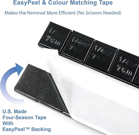 CKAuto 4 Boxes, 960 Pcs, 0.25oz, Black, Adhesive Stick on Wheel Weights, EasyPeel Tape Automobiles, Trucks, SUVs  Motorcycles, Low Profile, 60ozbox, U.S. OEM Quality, Valued Pack Perfect For Garages