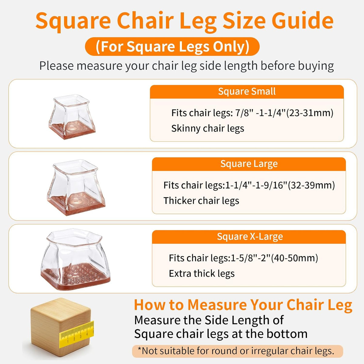 24 PCS Chair Leg Floor Protectors for Hardwood Floors, Furniture Feet Silicone Covers & Rubber Caps, Felt Pads Protect Wood Floor Scratch & Reduce Noise (Square Fit 1-1/4"~1-9/16", 32~39mm)