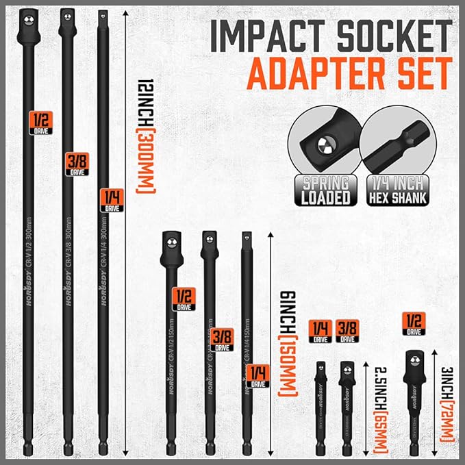 HORUSDY 9-piece adapter set, 3-inch, 6-inch and 12-inch hex shank, 14-inch hex shank 38-inch 12-inch