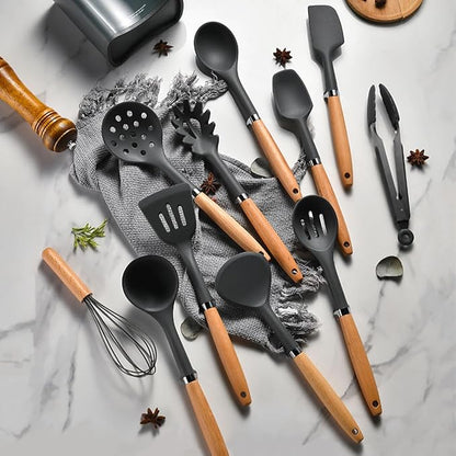 1-piece Egg Whisk Silicone Kitchen Utensils Sturdy Thickened Wooden Handle Cooking Utensils Kitchen Gadgets Spatulas Set for Nonstick Cookware