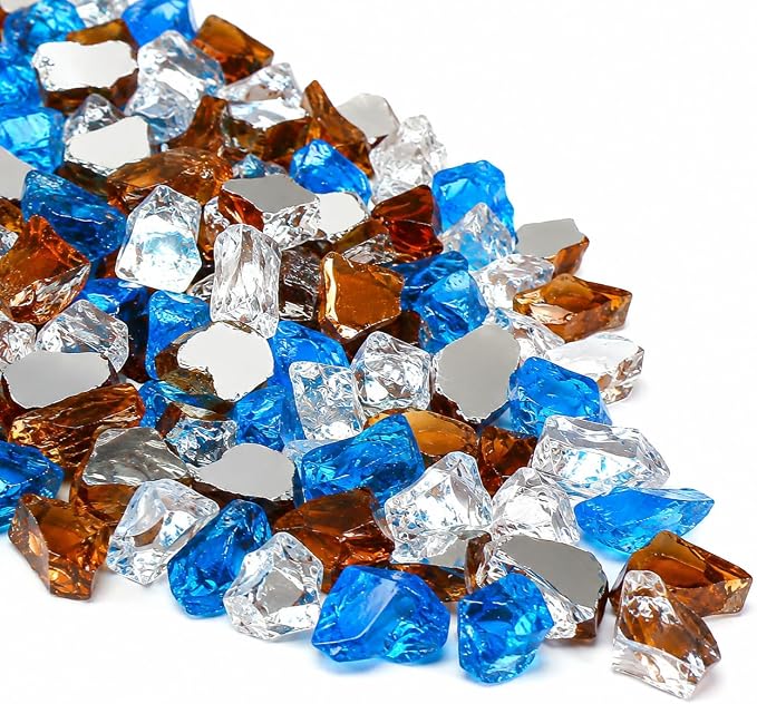GRISUN 20 Pounds Blended Fire Glass for Fire Pit - 1/2 Inch High Luster Reflective Tempered Glass Rocks for Natural or Propane Fireplace, Safe for Outdoors and Indoors Firepit, Copper, Blue, White