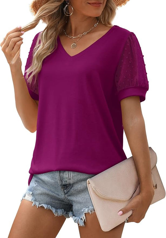 Aokosor Womens Summer Tops V Neck T Shirts Swiss Dot Puff Sleeve Tops Loose Casual Tshirts