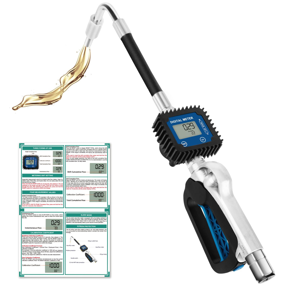 Digital Oil Control Valve Flow Meter Dispenser Nozzle 10 GPM / 35 LPM, Heavy Duty Air Operated Electronic Oil Metering Gun 1/2 Inch NPT Inlet, Oil Gun - Max Working Pressure 1500 PSI / 100 bar