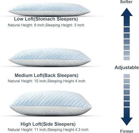 Uniqwamer Cooling Bed Pillows for Sleeping 2 Pack Shredded Memory Foam Adjustable Pillows Standard Size Set of 2 for Side Back Sleepers - Luxury Extra Comfy Gel Pillows with Washable Removable Cover