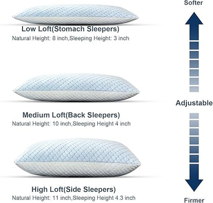 Uniqwamer Cooling Bed Pillows for Sleeping 2 Pack Shredded Memory Foam Adjustable Pillows Standard Size Set of 2 for Side Back Sleepers - Luxury Extra Comfy Gel Pillows with Washable Removable Cover