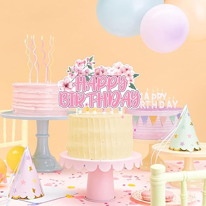 Cherry Blossom Happy Birthday Cake Topper, Japanese Sakura Cake Pick Decoration for Girls Women Birthday Party Supplies