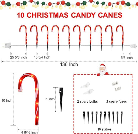 10" Christmas Candy Cane Lights (10PCS) for Landscape Decoration,Red  White Pathway Makers Lights (Include Stakes)