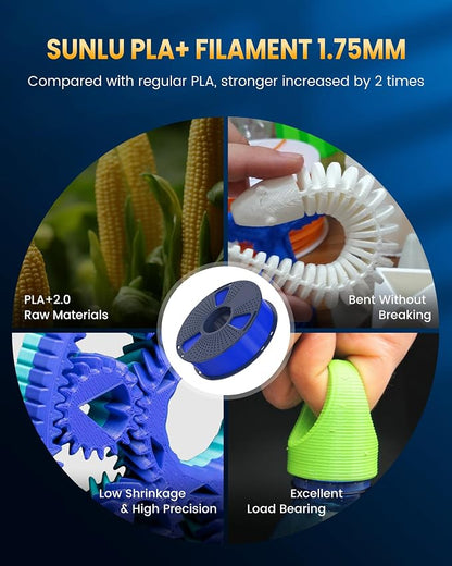 SUNLU PLA+2.0 3D Printer Filament, Upgrade PLA+ Filament 1.75mm, Tougher and Stronger, Neatly Wound Filament, Dimensional Accuracy +/-0.02mm, 1KG Spool(2.2lbs), Cyan