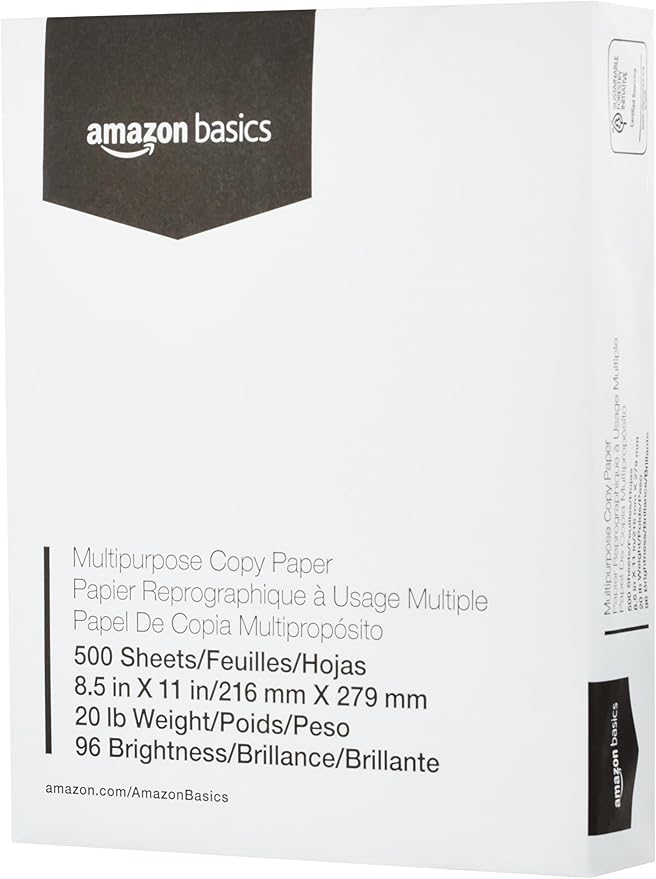 Basics Multipurpose Copy Printer Paper, 20 Pound, White, 96 Brightness, 8.5 x 11 Inch, 1 Ream , 500 Sheets Total