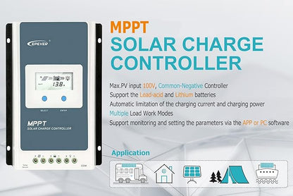 EPEVER 40amp MPPT Solar Charge Controller 12V24V Auto, Negative Grounded 40A Solar Panel Charge Regulator w LCD Display for 12V24V Gel Sealed Flooded and Lithium Battery