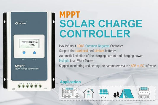 EPEVER 40amp MPPT Solar Charge Controller 12V24V Auto, Negative Grounded 40A Solar Panel Charge Regulator w LCD Display for 12V24V Gel Sealed Flooded and Lithium Battery