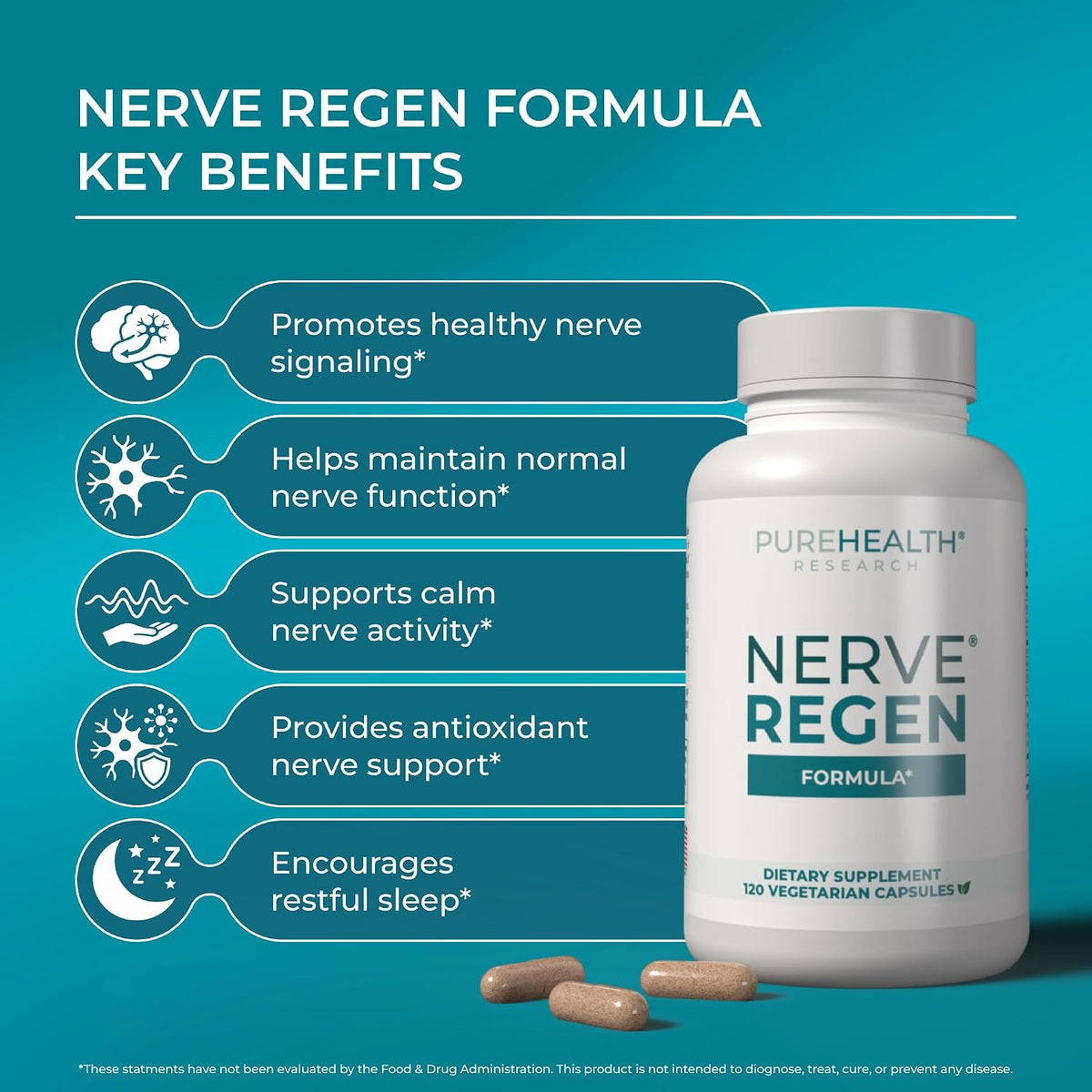 PUREHEALTH RESEARCH Nerve Regen Formula - Nerve Support Supplement for Feet & Hands - with Alpha Lipoic Acid ALA, Benfotiamine, Acetyl L-Carnitine, Riboflavin, Vitamin B6, B12, D3 & More- 60 Capsules