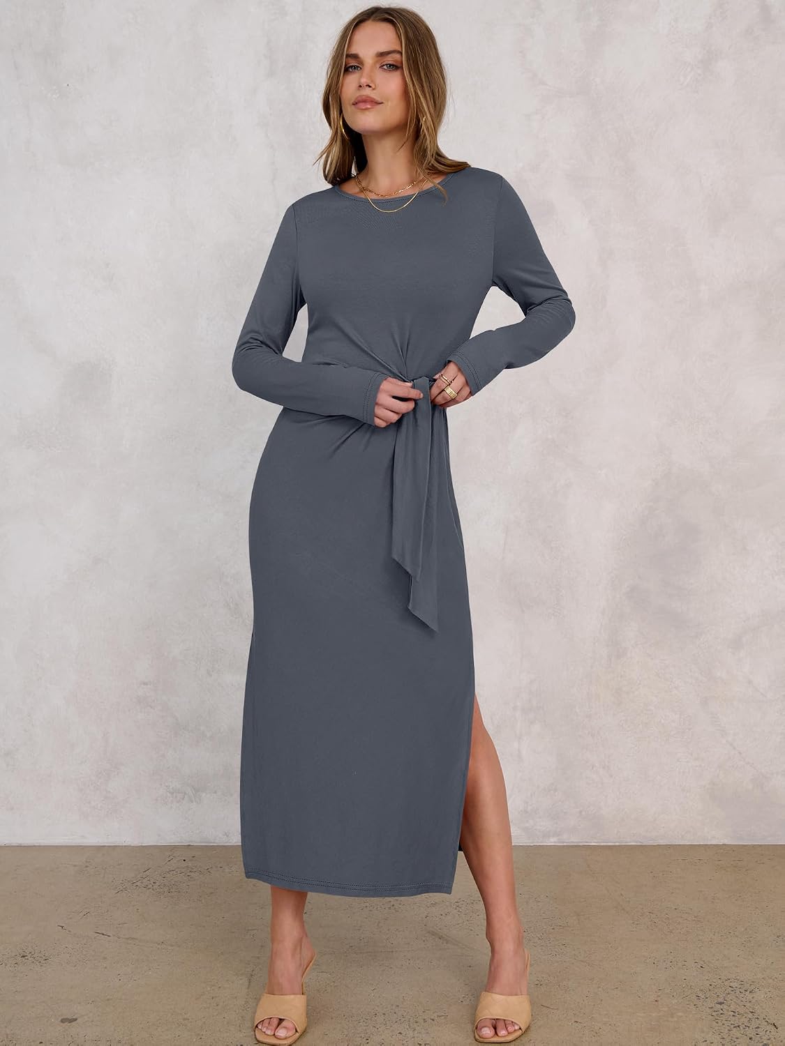 ANRABESS Women's Long Sleeve Maxi Dress, Tie Waist Slim with Side Slit, Elegant for Work, Casual, Versatile Fall Winter Dress