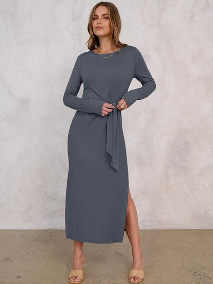 ANRABESS Women's Long Sleeve Maxi Dress, Tie Waist Slim with Side Slit, Elegant for Work, Casual, Versatile Fall Winter Dress