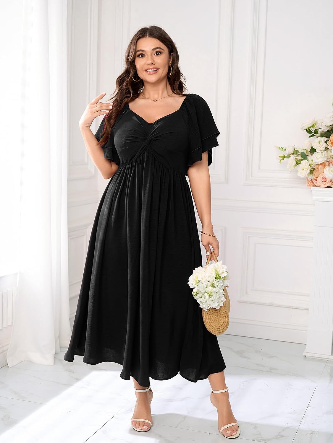 SCOMCHIC Women's Plus Size Wedding Guest Cocktail Dresses Sweetheart Neckline Ruffle Sleeve A Line Maxi Dress.