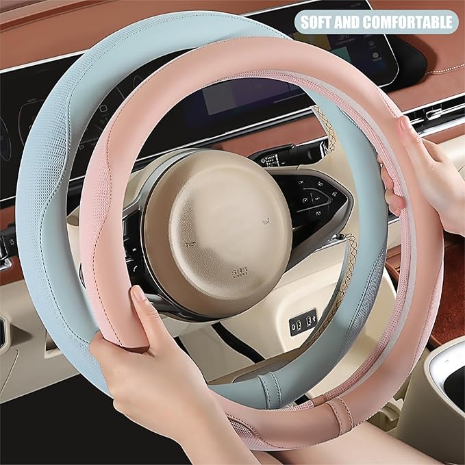 Nappa Leather Pink Steering Wheel Cover, Advanced Microfiber Leather Non-Slip Breathable Fabric, Warm in Winter and Cool in Summer, Universal 15 inch