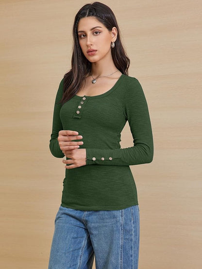 ATHMILE Women's Long Sleeve Shirts Casual Fall Henley Top Button Down Blouses Basic Ribbed Knit T Shirts 2025