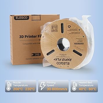 ELEGOO Rapid PLA Plus Filament 1.75mm White 1KG, PLA 3D Printer Filament for 30-600 mms High Speed Printing, Dimensional Accuracy - 0.02 mm, 1kg Cardboard Spool(2.2lbs)