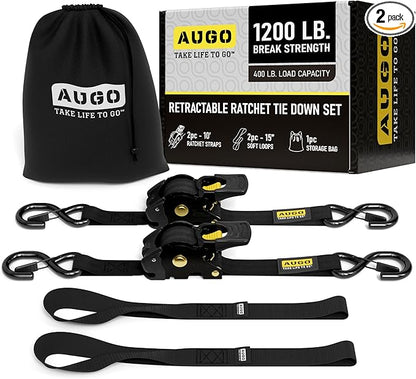 AUGO Retractable Ratchet Straps  2 Heavy Duty Ratchet Straps Self Retractable Tie Down Straps with Soft Loops  Storage Bag for Motorcycle, Truck, Trailer, Cargo Van  1200 Lb Break Strength 1a x 10aTM