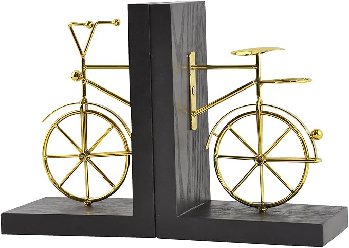 Spiretro Bicycle Bookend Supports, Decorative Book Stoppers with Non-Skid Bottom, Handcrafted Distressed Wood  Metal Book Stand, Display for Bookshelf Office Desktop, 1-Pair, Golden  Brown