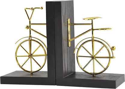 Spiretro Bicycle Bookend Supports, Decorative Book Stoppers with Non-Skid Bottom, Handcrafted Distressed Wood  Metal Book Stand, Display for Bookshelf Office Desktop, 1-Pair, Golden  Brown