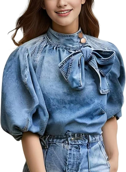 Rothstone Women's Bow Design Denim Pullover Top Button Up High Neck Fashionable Jacket With Elastic And Puff Sleeves.