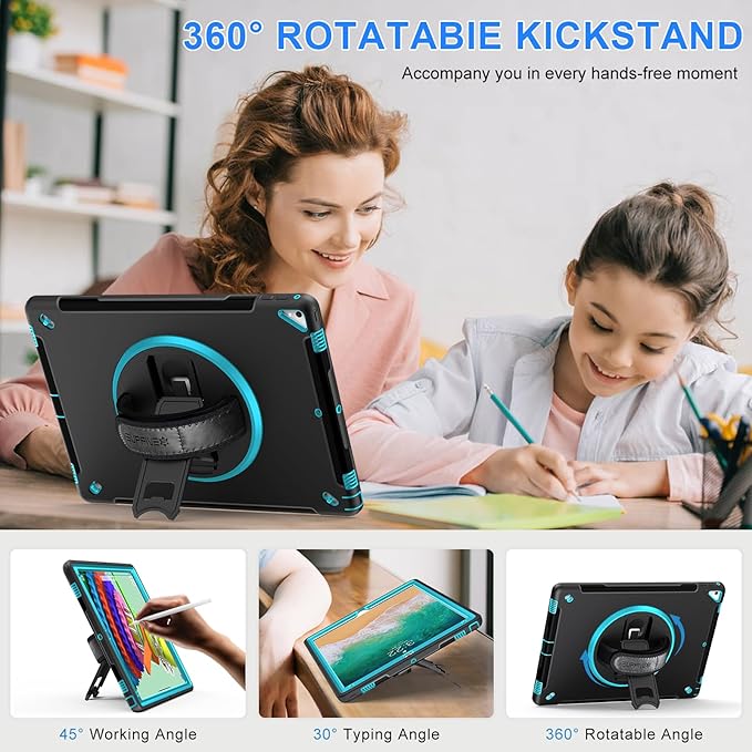 SUPFIVES Case iPad Pro 12.9 20152017: iPad 12.9 Inch 1st 2nd Generation Case Upgraded Military Grade Shockproof Silicone Protector with Pencil Holder Handle Shoulder Strap Rotating Stand, Green