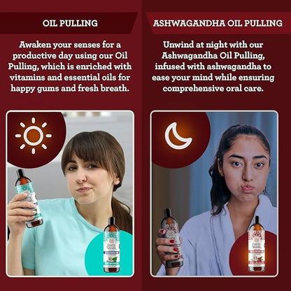 GuruNanda Ashwagandha Oil Pulling with Neem  Roman Chamomile, for Fresh Breath and Happy Gums, Alcohol  Flouride-Free Essential Oil Oral Rinse with Toothbrush  Tongue Scraper, 8 Oz