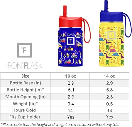 IRON FLASK Kids Water Bottle - Straw Lid, 20 Name Stickers, Vacuum Insulated Stainless Steel, Double Walled Tumbler Travel Cup, Thermos Mug - Dino Mates, 14 Oz