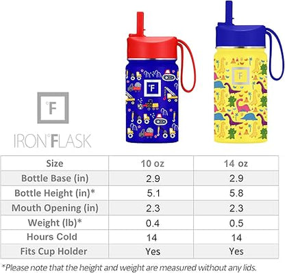 IRON FLASK Kids Water Bottle - Straw Lid, 20 Name Stickers, Vacuum Insulated Stainless Steel, Double Walled Tumbler Travel Cup, Thermos Mug - Dino Mates, 14 Oz