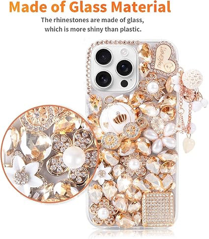for iPhone 15 Pro Max Bling Glitter Case, Luxury Shiny Diamond Crystal Rhinestone Champagne Pumpkin Car Handmade Clear Protective Case Cover for iPhone 15 Pro Max