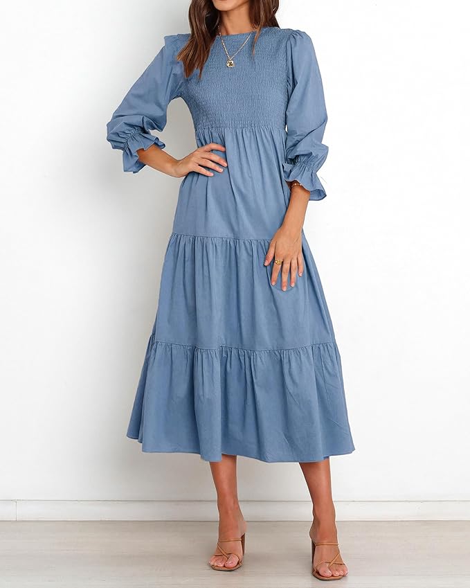 BTFBM Women Casual Long Sleeve Crew Neck Fall Dress Bohemian Relaxed Fit Floral Flowy Maxi Dresses Tiered Cocktail Dress