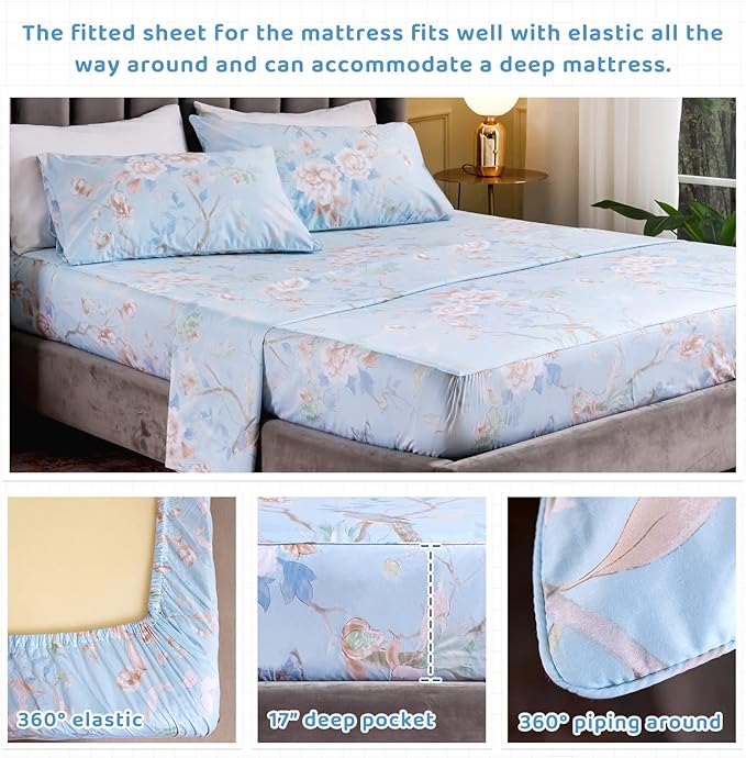 QSH Floral Bed Sheets Set Queen Size - Luxury Bird Butterfly Print Bed Sheet Set - 100% Egyptian Cotton Extra Soft and Breathable - 4 pcs Deep Pockets Flower Bed Sheets