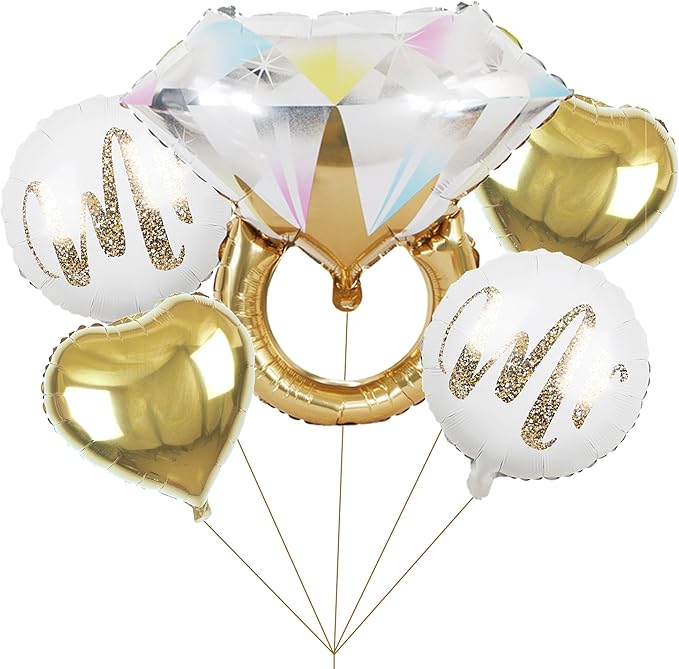 5Pcs Diamond Ring Wedding Balloons,White Mr Aluminum Foil Balloons Gold Heart Mylar Balloons for Wedding, Marriage Engagement, Bridal Shower Party Decorations