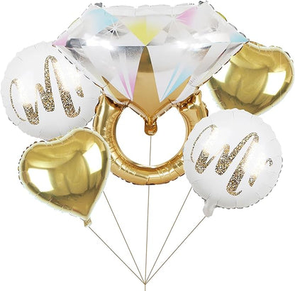 5Pcs Diamond Ring Wedding Balloons,White Mr Aluminum Foil Balloons Gold Heart Mylar Balloons for Wedding, Marriage Engagement, Bridal Shower Party Decorations